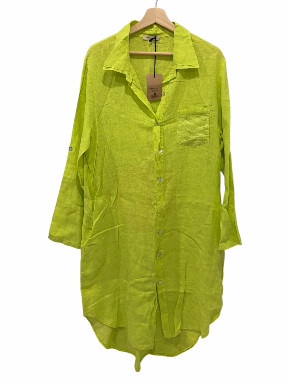 Linen Button-Front Tunic Top - Lime Green